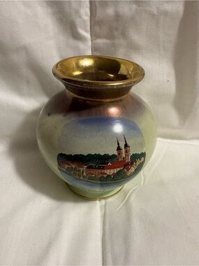 Bad Waldsee Germany Porcelain Vase With Hand made Painted Scene of Town.